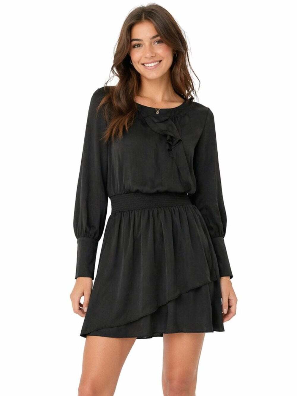 Hugo Boss Black Long Sleeve Mini Dress Smocked Waist Ruffle Detail Small